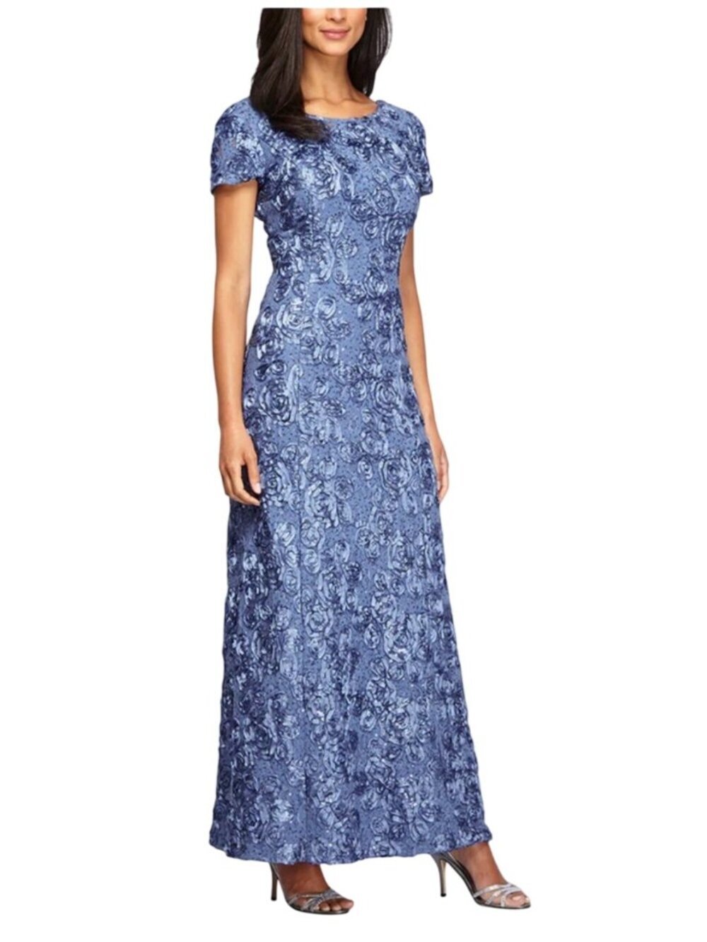 Evelyn Rosette Lace Long Gown By Alex Evenings Blue Cap Sleeves Size 6 formal